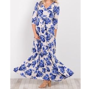Blue floral tie maternity/nursing maxi dress med